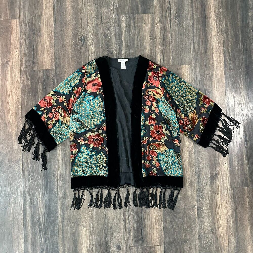 Vintage Drapers & Damons Peacock Kimono Silk Velvet Macrame Beaded Fringe Small